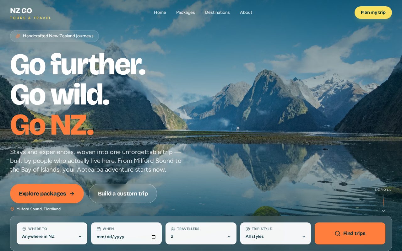 Home: find a trip by destination, dates, travellers and trip style