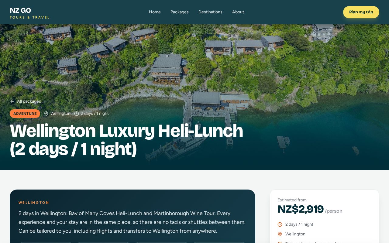 Package pages with the trip details and estimated price per person